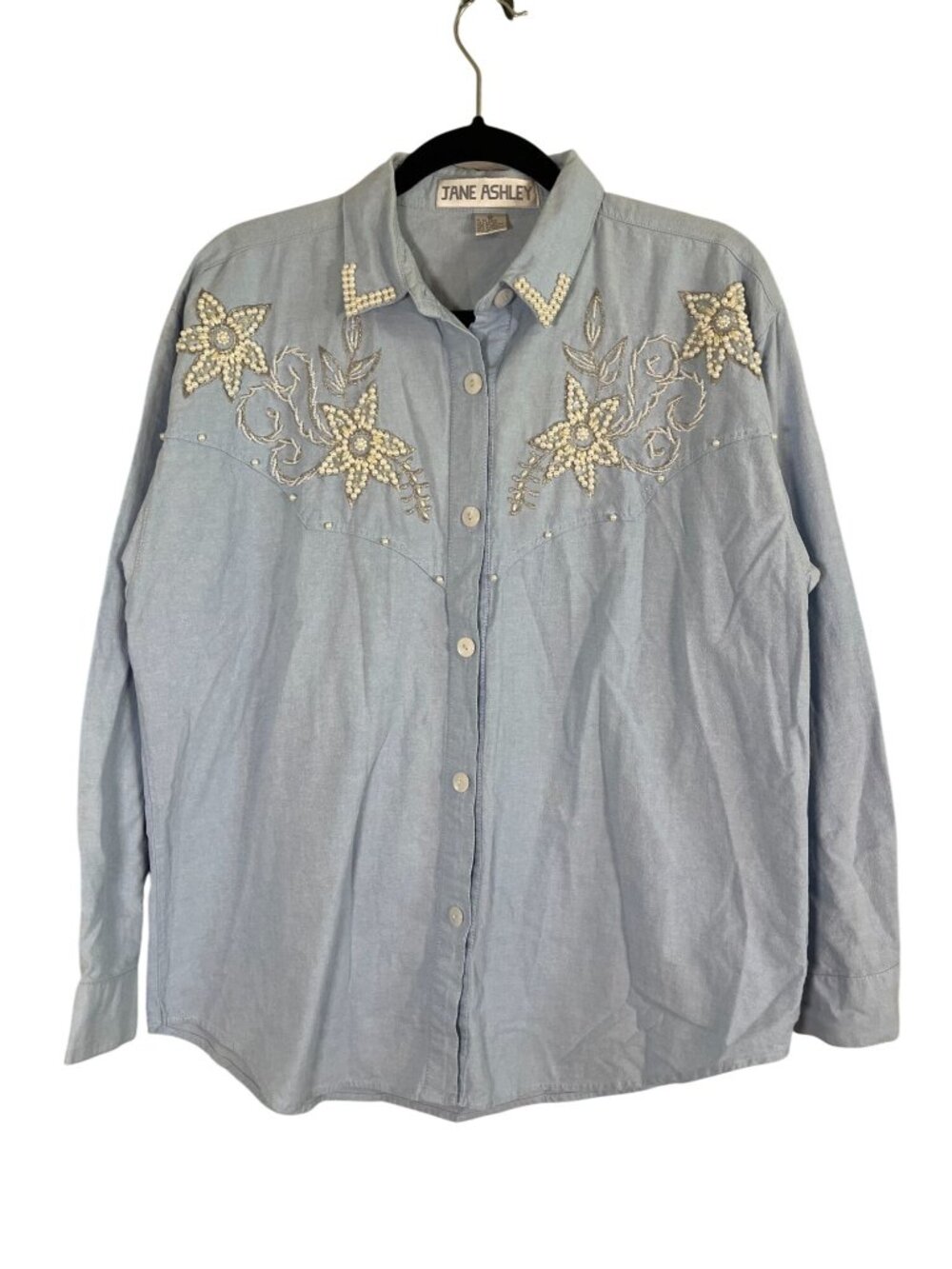 Vintage Jane Ashley Floral Shirt Blue M Beaded Western Festival Rodeo Cowgirl
